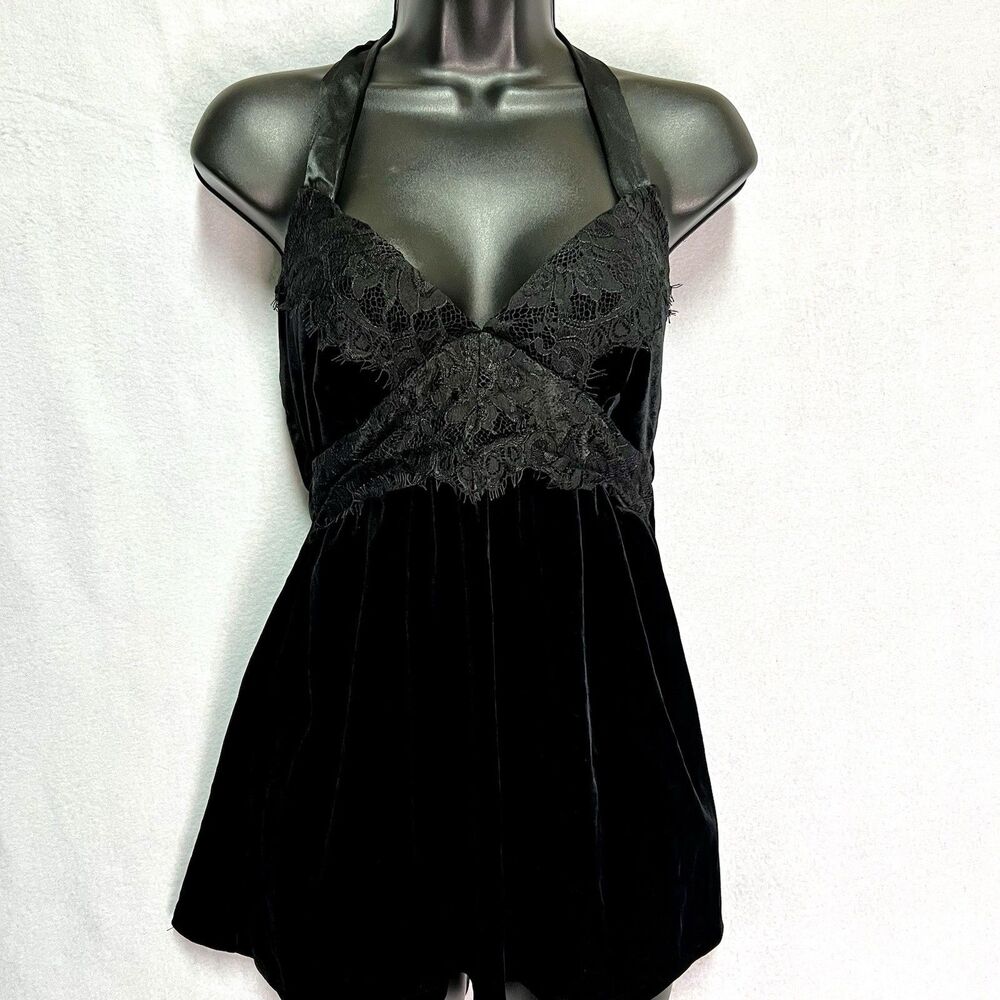 Boston Proper Black Velvet Lace Halter Top S Y2K Victorian Romantic Goth Fairy